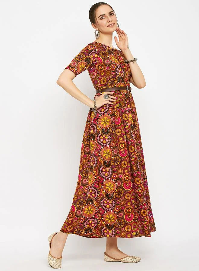 Uptownie  All Over Print Maxi Dress with Belt for Women | Best Price UAE