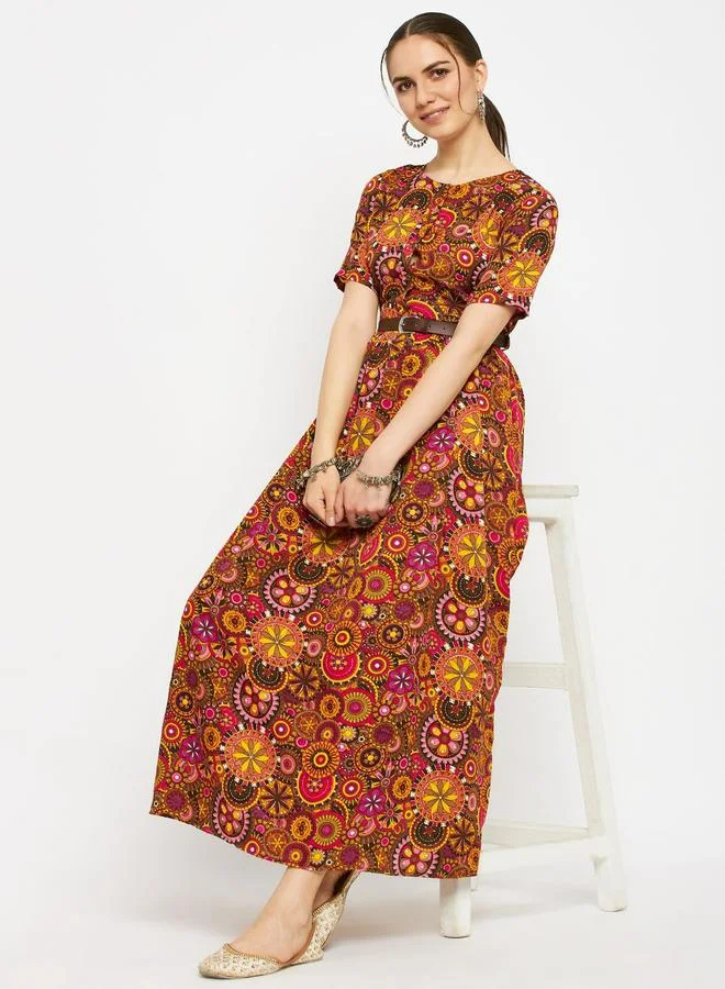 Uptownie  All Over Print Maxi Dress with Belt for Women | Best Price UAE