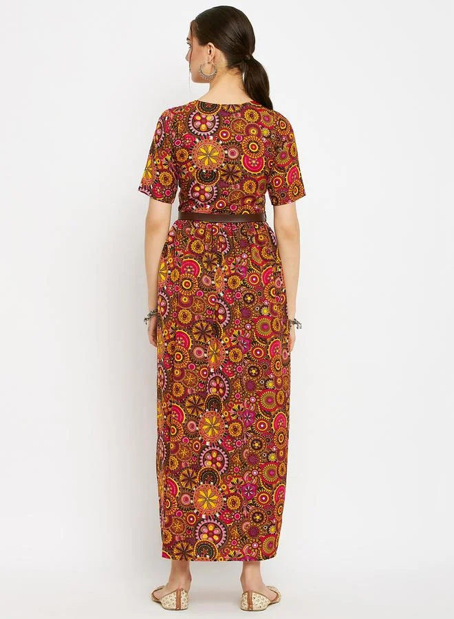 Uptownie  All Over Print Maxi Dress with Belt for Women | Best Price UAE