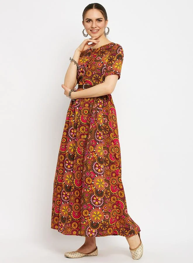 Uptownie  All Over Print Maxi Dress with Belt for Women | Best Price UAE