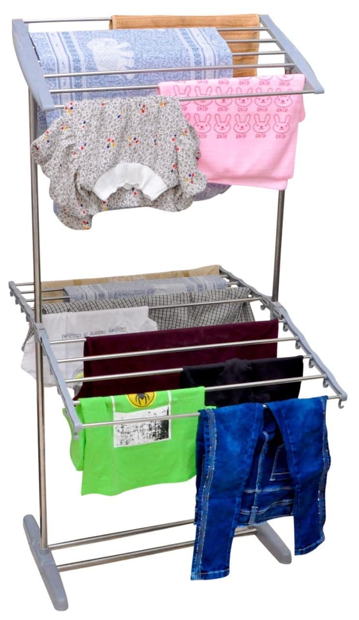 GNOLY Clothes Stand for Drying Clothes Stainless Steel Cloth Drying Stand for Indoor and Outdoor Travelling 2 Layer Mobile Tower Rack Space Saving Cloth Drying Rack for Balcony - Image 3