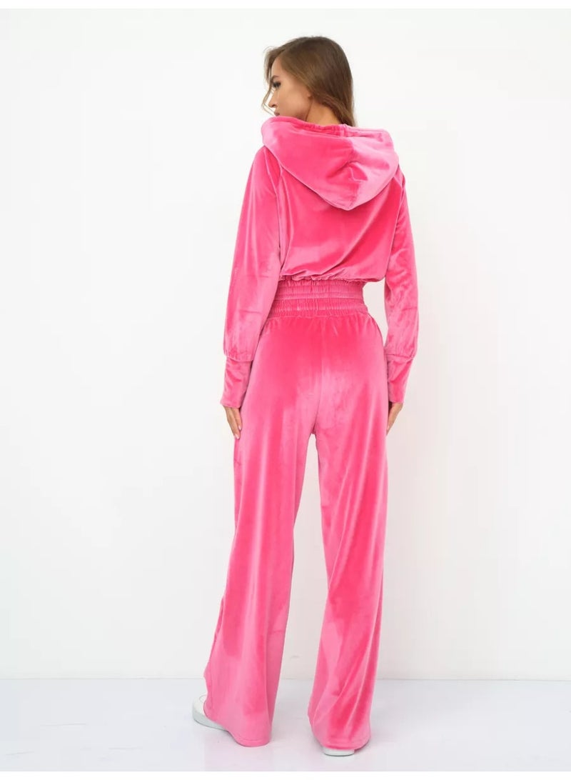 NIBEMINENT Silver Fox Velvet Sweatshirt Two-piece Suit Women Casual Sets Hoodies Short Zipper-up Top Straight Trousers Pleuche 2-piece Sets - Image 3