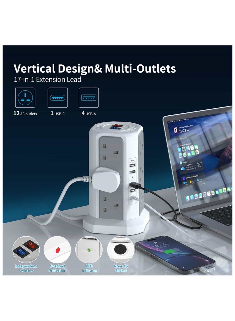 Anmi Tower Extension Lead with USB Slots and 18W USB C Fast Charger(5V/3.1A), 12 Way Plug Extension Tower, Surge Protected Extension Lead with Switch, Multi Plug Socket , 1.8M Extension Cable  - Image 3