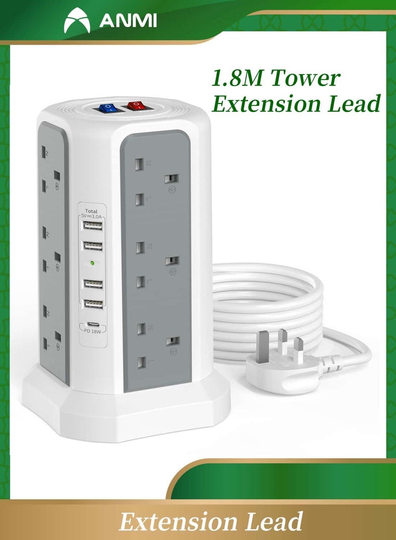 Anmi Tower Extension Lead with USB Slots and 18W USB C Fast Charger(5V/3.1A), 12 Way Plug Extension Tower, Surge Protected Extension Lead with Switch, Multi Plug Socket , 1.8M Extension Cable  - Image 1