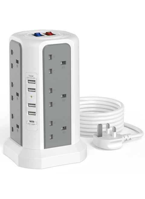 Tower Extension Lead with USB Slots and 18W USB C Fast Charger(5V/3.1A), 12 Way Plug Extension Tower, Surge Protected Extension Lead with Switch, Multi Plug Socket , 1.8M Extension Cable