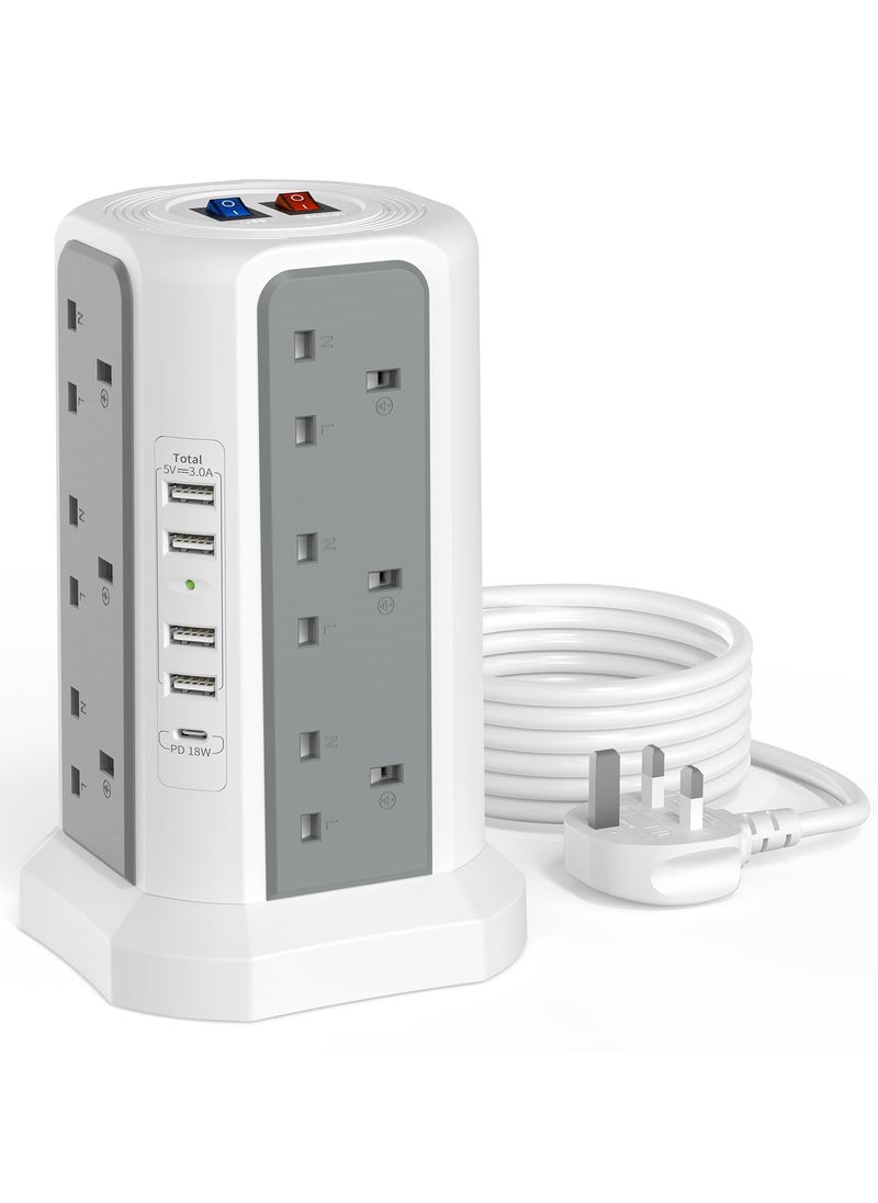 Anmi - Tower Extension Lead with USB Slots and 18W USB C Fast Charger(5V/3.1A), 12 Way Plug Extension Tower, Surge Protected Extension Lead with Switch, Multi Plug Socket , 1.8M Extension Cable - Image 1