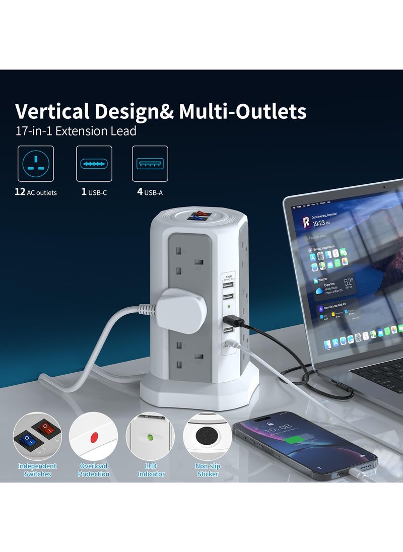 Anmi - Tower Extension Lead with USB Slots and 18W USB C Fast Charger(5V/3.1A), 12 Way Plug Extension Tower, Surge Protected Extension Lead with Switch, Multi Plug Socket , 1.8M Extension Cable - Image 1