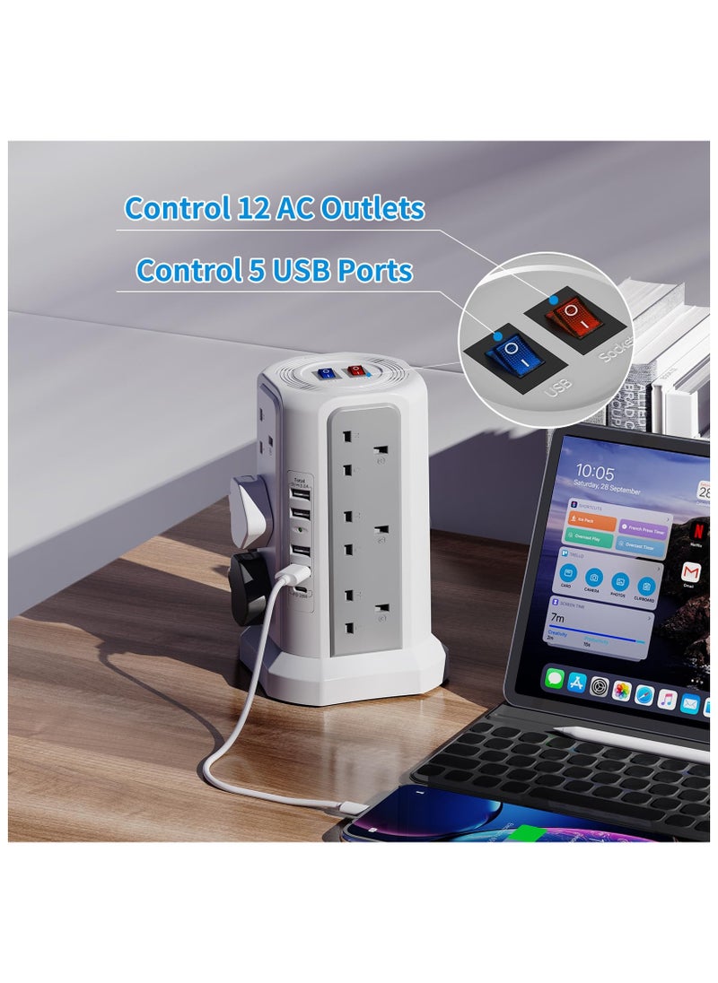 Anmi - Tower Extension Lead with USB Slots and 18W USB C Fast Charger(5V/3.1A), 12 Way Plug Extension Tower, Surge Protected Extension Lead with Switch, Multi Plug Socket , 1.8M Extension Cable - Image 1