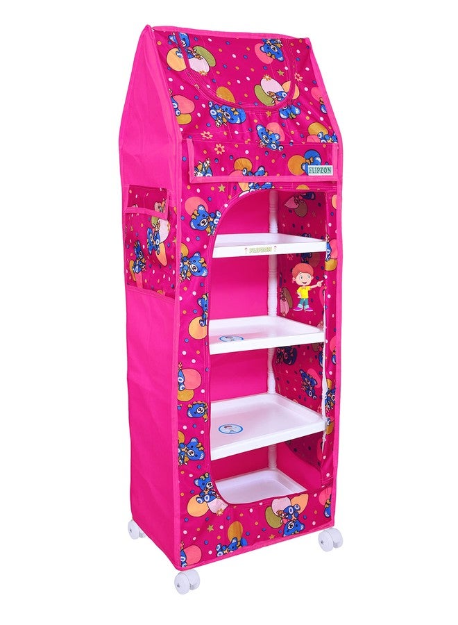 FLIPZON Plastic Multipurpose 5 Shelve Baby Wardrobe, Foldable, (Unbreakable Material) (Medium) (Pink) - Image 1