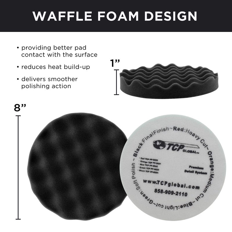 TCP Global 8"" Black Waffle Extra Fine Foam Finishing Grip Pad Final Buff Polish Wax - Hook & Loop - Image 3