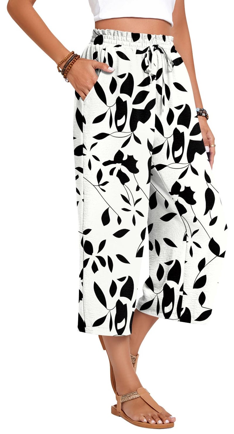 Anyhold Womens Plus Size Capri Pants Loose High Waisted Wide Leg Lounge Pants Drawstring Casual Palazzo Trousers with Pockets 3X-Large, Apricot-Black Leaves - Image 2