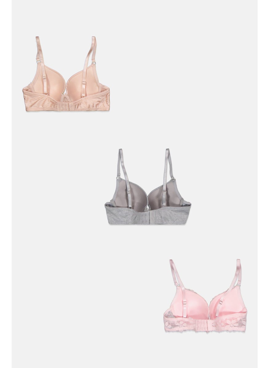 French Affair Women 3 Pieces Padded Underwire Textured Bra, Grey  - Image 2