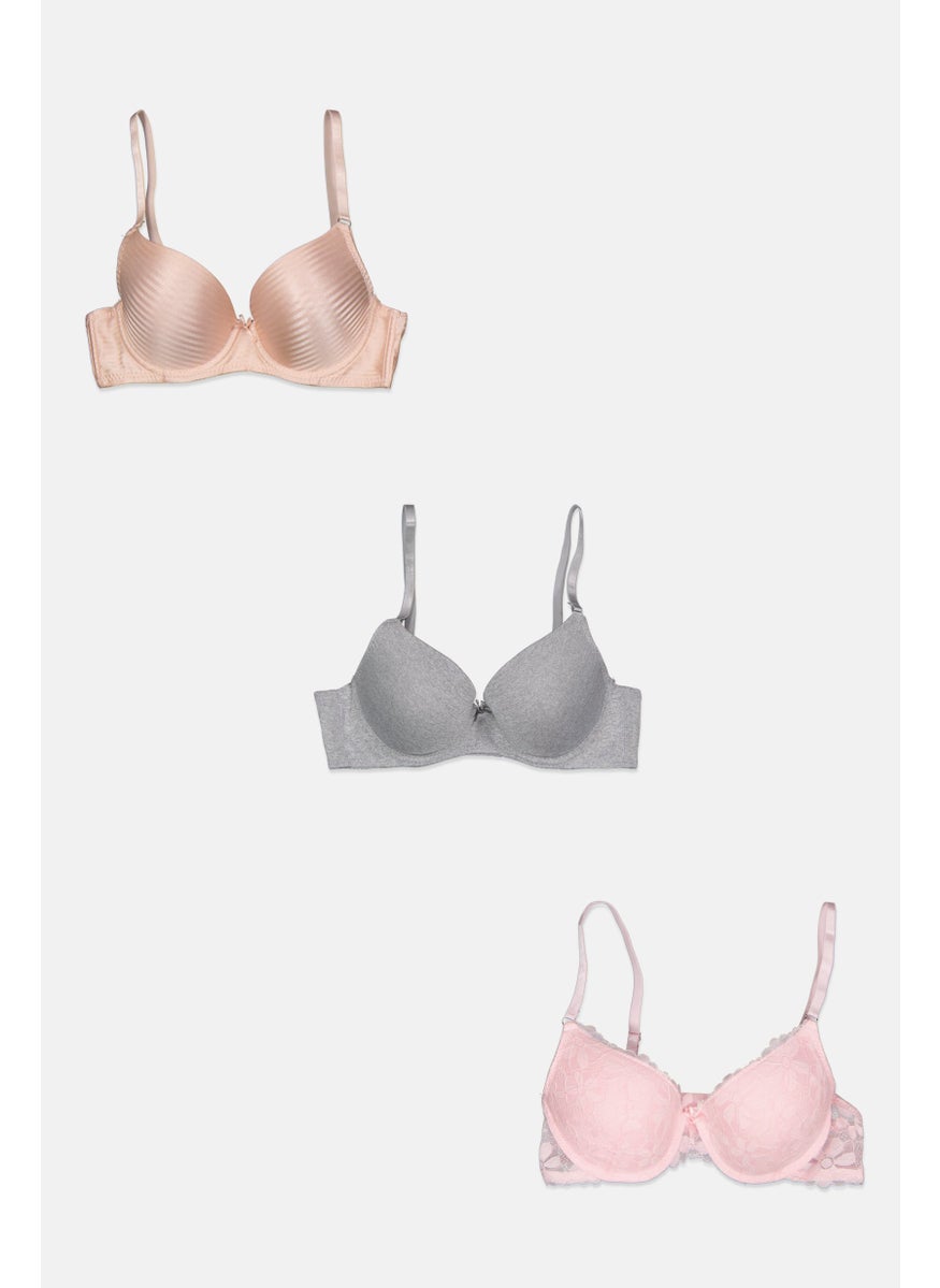 French Affair Women 3 Pieces Padded Underwire Textured Bra, Grey  - Image 1