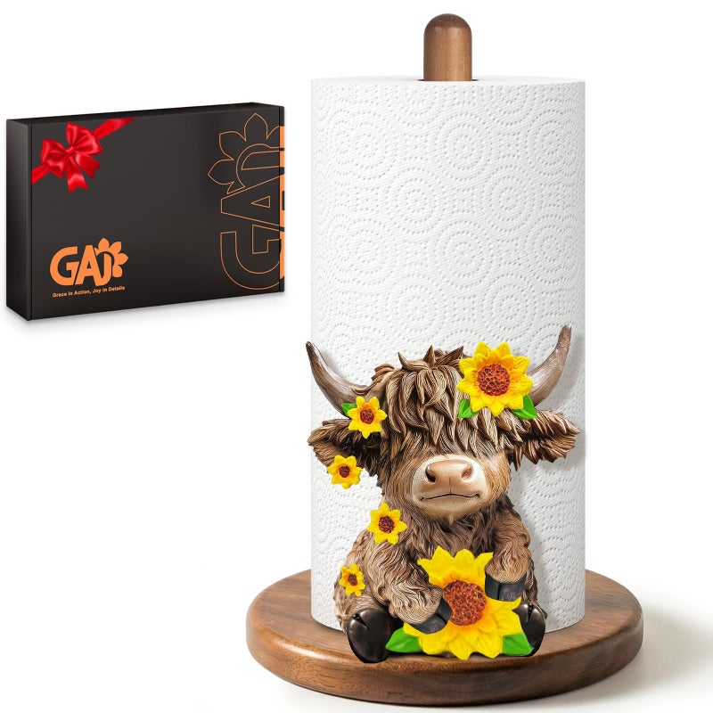 GAJ Highland Cow Paper Towel Holder - Highland Cow Decor for Kitchen Farmhouse Bathroom Countertop - Gifts for Women Mom Grandma - 3D Cute Stuff Decorative Accessories - Image 1