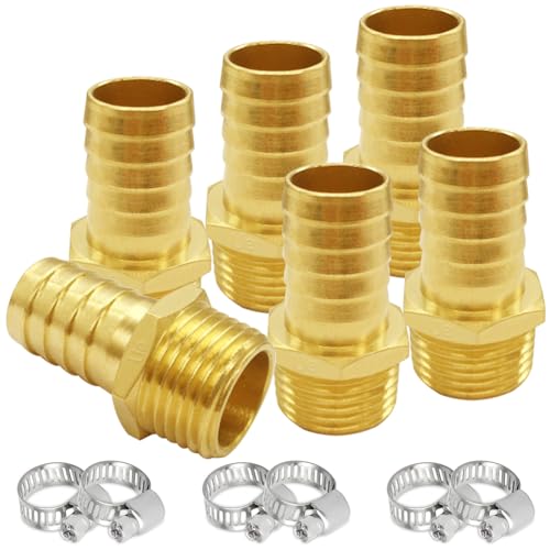 Uenede 6PCS Brass Hose Barb Fittings 1/2" NPT Male to 1/2" Barb Adapter Connector Include 6 Stainless Steel Clamps for Water/Oil/Gas - Image 1