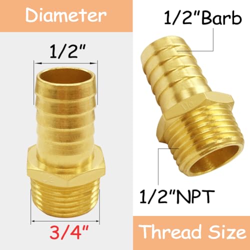 Uenede 6PCS Brass Hose Barb Fittings 1/2" NPT Male to 1/2" Barb Adapter Connector Include 6 Stainless Steel Clamps for Water/Oil/Gas - Image 2