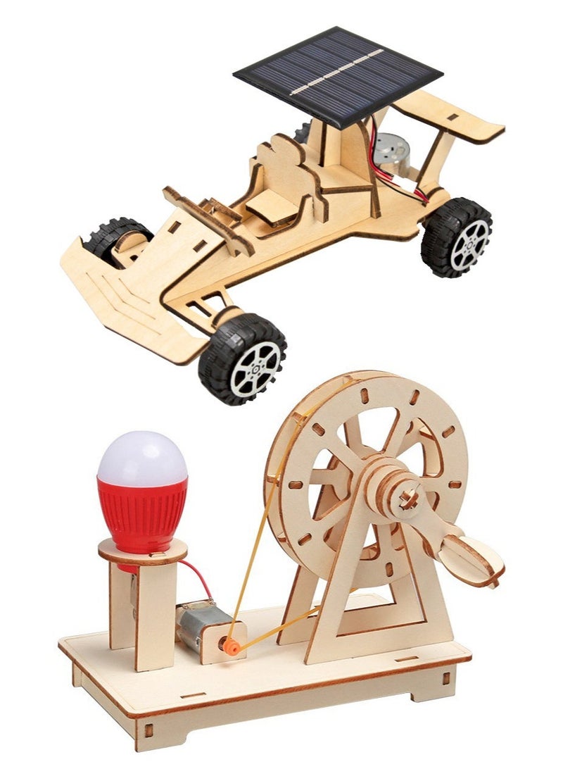 مجموعة تركيب خشبية: سيارة سباق بالطاقة الشمسية + مولد يدوي – لعبة تعليمية STEM لتحويل الطاقة والفيزياء - Image 1