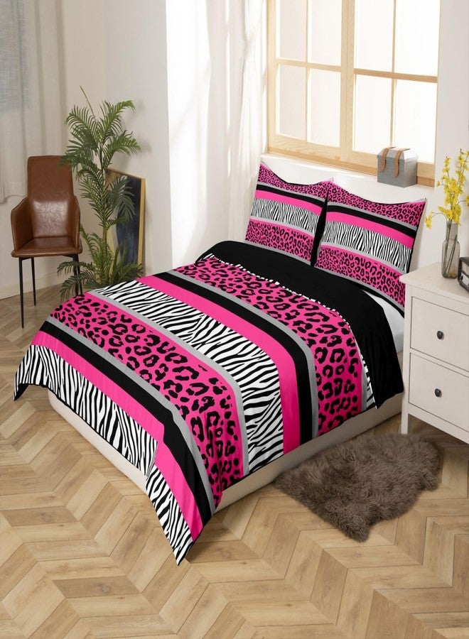 Feelyou Zebra Stripes Duvet Cover Leopard Print Bedding Set for Kids Boys Girls Pink Black White Zebra Leopard Fur Comforter Cover Wild Animal Skin Texture Pattern Bedspread Full Size (No Comforter) - Image 2