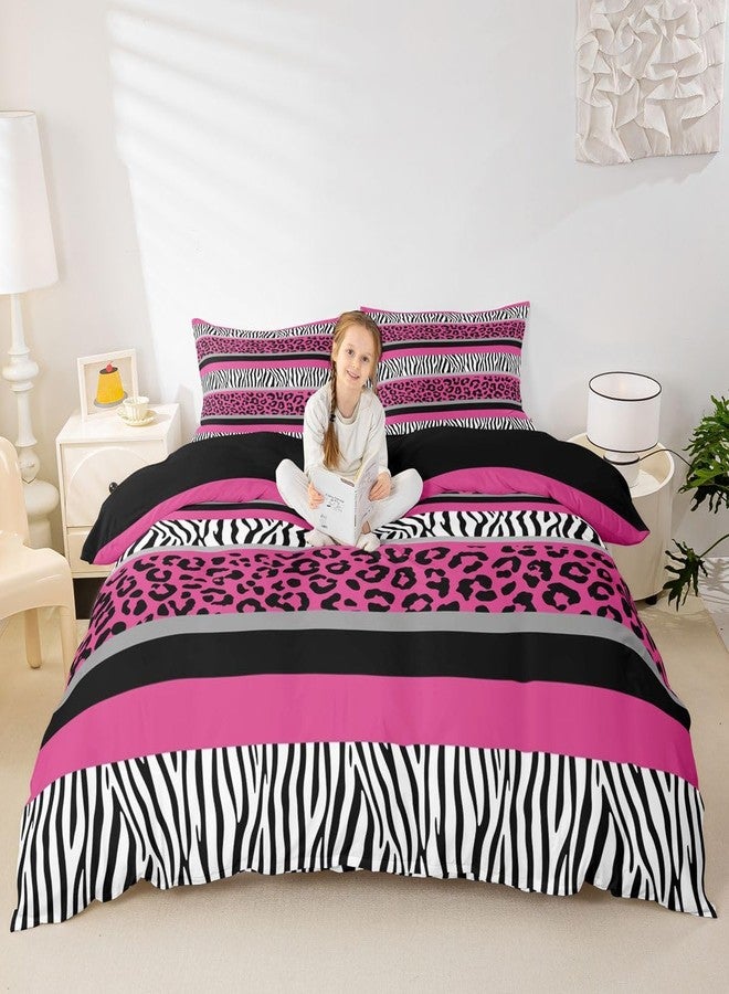 Feelyou Zebra Stripes Duvet Cover Leopard Print Bedding Set for Kids Boys Girls Pink Black White Zebra Leopard Fur Comforter Cover Wild Animal Skin Texture Pattern Bedspread Full Size (No Comforter) - Image 1