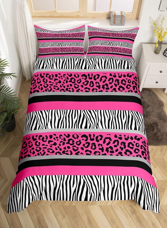 Feelyou Zebra Stripes Duvet Cover Leopard Print Bedding Set for Kids Boys Girls Pink Black White Zebra Leopard Fur Comforter Cover Wild Animal Skin Texture Pattern Bedspread Full Size (No Comforter) - Image 3