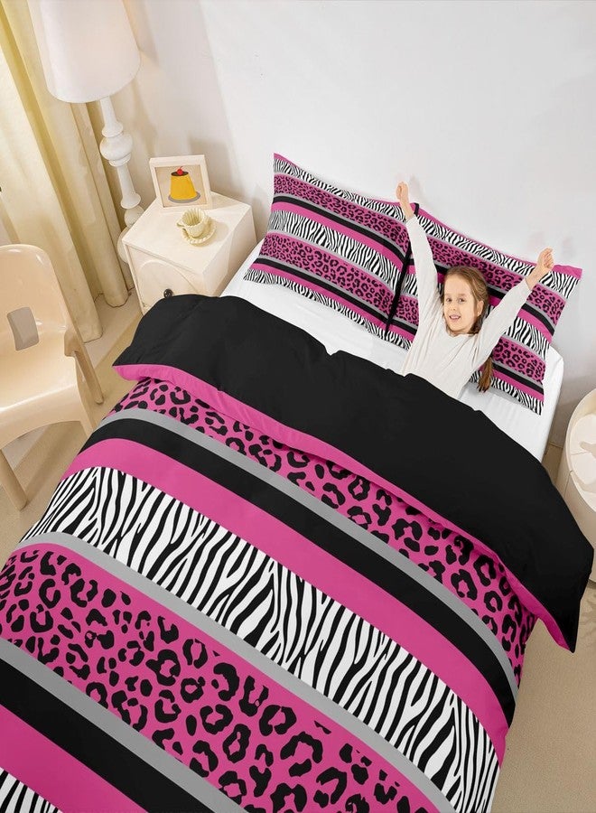 Feelyou Zebra Stripes Duvet Cover Leopard Print Bedding Set for Kids Boys Girls Pink Black White Zebra Leopard Fur Comforter Cover Wild Animal Skin Texture Pattern Bedspread Full Size (No Comforter) - Image 5