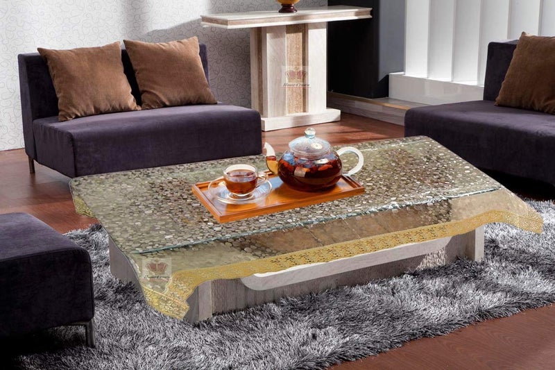 HOMECROWN 3D Design PVC Waterproof 4 Seater Center Table Cover with Golden Lace 60 X 40inches Clear Color - Image 1