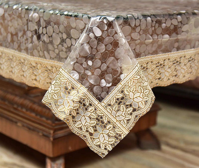 HOMECROWN 3D Design PVC Waterproof 4 Seater Center Table Cover with Golden Lace 60 X 40inches Clear Color - Image 3