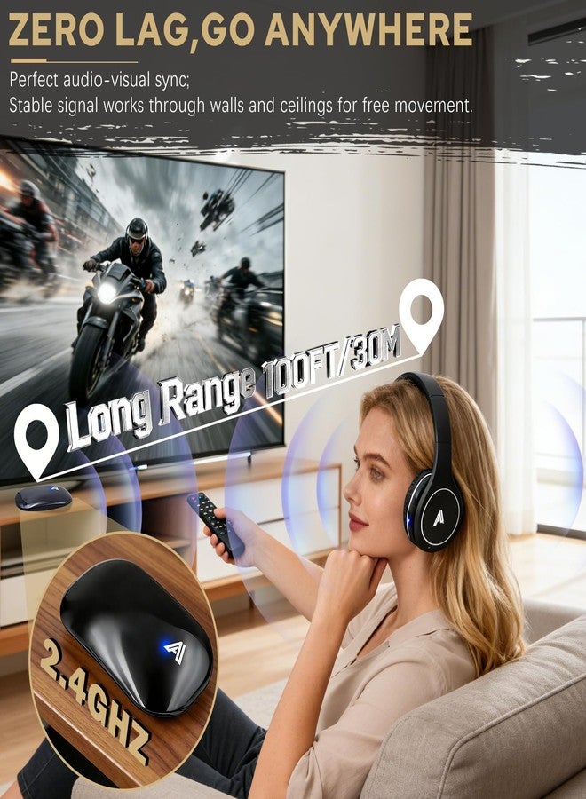 Ansee Wireless TV Headphones for Seniors & Hearing Impaired, Folding Over Ear Headphones with 2.4GHz RF Transmitter Support Optical RCA AUX, No Audio Delay, 100ft Wireless Range (Black) - Image 2