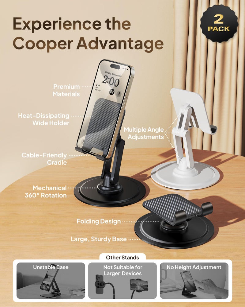 COOPER 360Â° Stand, [Gift Family Pack], Rotating Cell Phone Stand for Desk, Cell Phone Holder for Desk, iPhone Stand Holder, Sturdy Metal Base, Fits Samsung, Android Smartphones, (Piano Black, 2-Pack) - Image 5