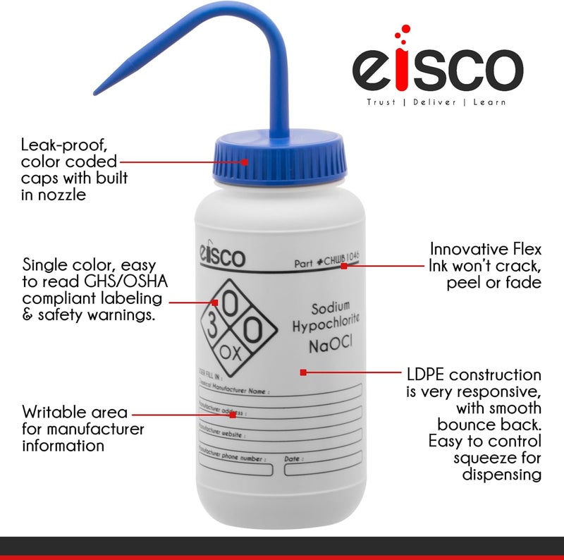 EISCO 2PK Wash Bottles for Sodium Hypochlorite (Bleach), 500ml - Labeled with Chemical Information & Safety Information (1 Color) - Performance Plastics Labs - Image 5
