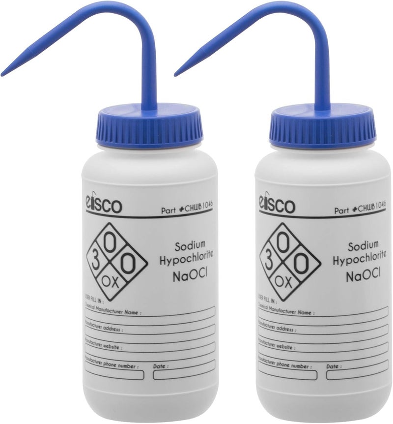 EISCO 2PK Wash Bottles for Sodium Hypochlorite (Bleach), 500ml - Labeled with Chemical Information & Safety Information (1 Color) - Performance Plastics Labs - Image 1