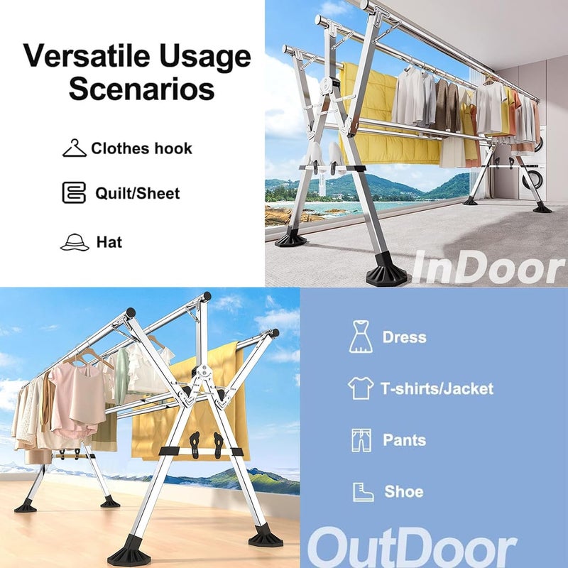 TDOO Clothes Drying Rack, Foldable Drying Racks, Stainless Steel 5 Poles Laundry Racks Clothes Drying Racks with Shoe Rack, Space Saving Laundry Drying Rack for Indoor Our with Windproof Hooks-160cm - Image 2
