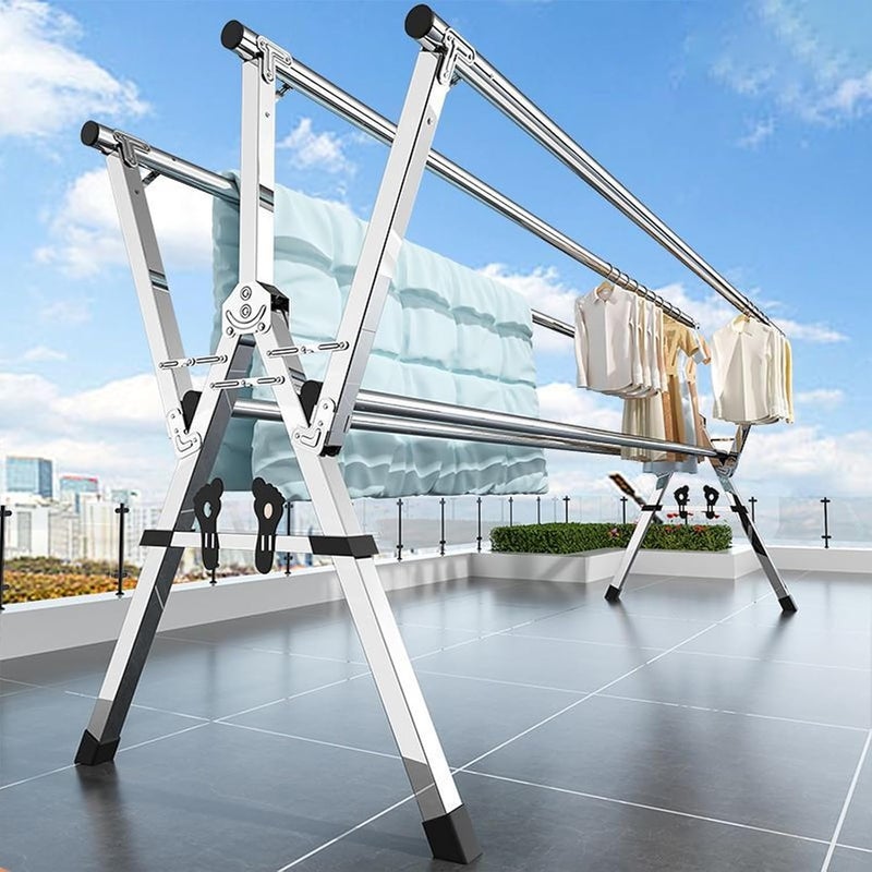 TDOO Clothes Drying Rack, Foldable Drying Racks, Stainless Steel 5 Poles Laundry Racks Clothes Drying Racks with Shoe Rack, Space Saving Laundry Drying Rack for Indoor Our with Windproof Hooks-160cm - Image 1