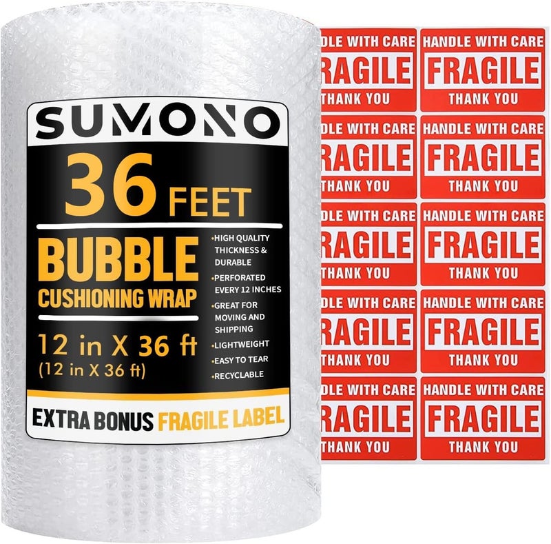 sumono Bubble Cushioning Wrap Roll, 12 Inch x 36 Feet Total Bubble Roll Perforated 12 Inch Included 10 Fragile Sticker Label - Image 1