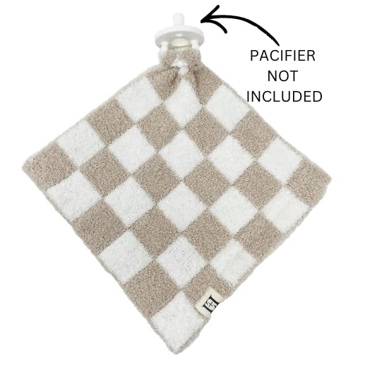 Leaps + Legends L+L USA Checkered Baby Lovey Pacifier/Teether Holder 10"x10" - DreamSoft Plush Fluffy Cuddly Soothie Reversible Mini Comfort Blanket - Cute Newborn Gift Essential Babies Boys Girls (Tan/White) - Image 2