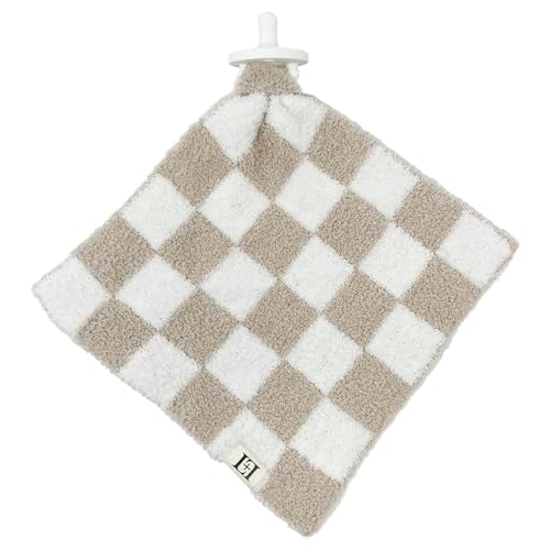 Leaps + Legends L+L USA Checkered Baby Lovey Pacifier/Teether Holder 10"x10" - DreamSoft Plush Fluffy Cuddly Soothie Reversible Mini Comfort Blanket - Cute Newborn Gift Essential Babies Boys Girls (Tan/White) - Image 1
