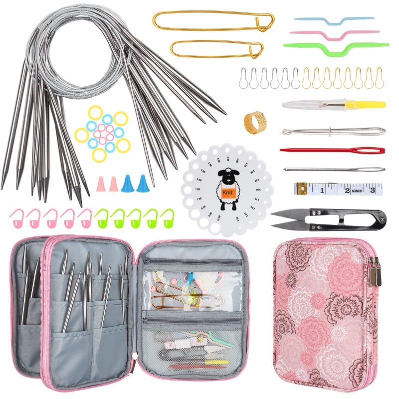 Aeelike Circular Knitting Needles Set 80cm Metal Circular Needles for Knitting Long Cable Round Needles Set with Case Double Pointed Needles Circular Knitting Pins Knitting Starter Kit for Adults