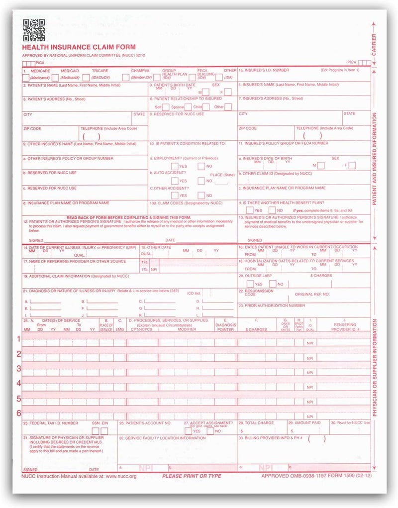 NextDayLabels - CMS 1500 / HCFA 1500 Insurance Claim Forms - Laser/Ink-Jet Compatible (New Version 02/12) Letter Size 8-12" x 11", 250 Sheets Per Pack - Image 1