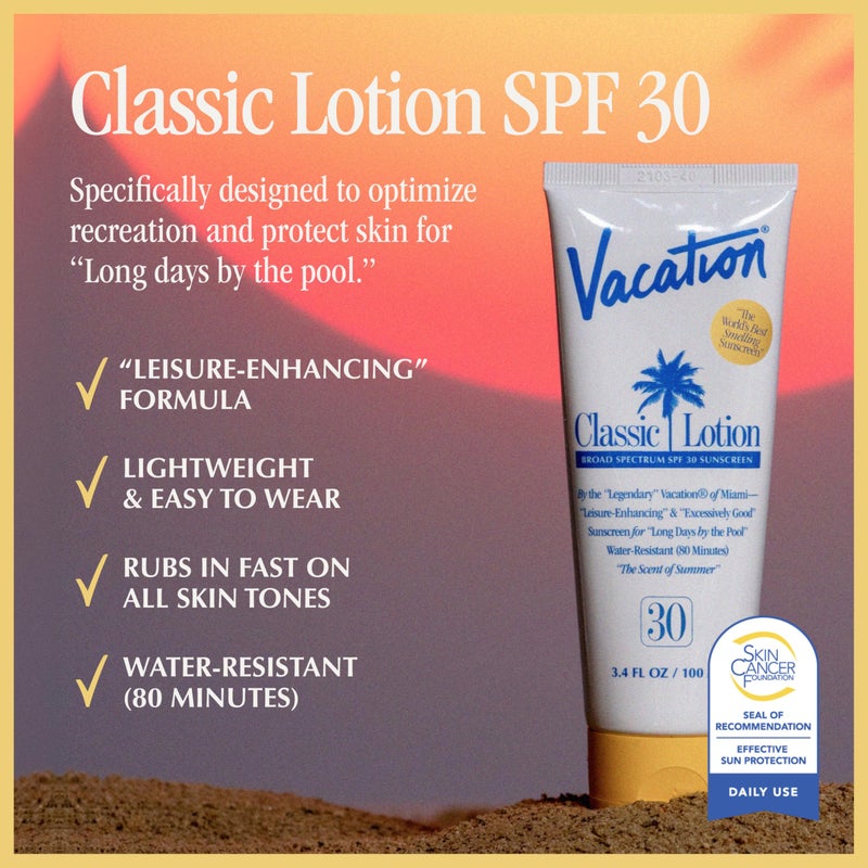 Vacation Classic Sunscreen Lotion SPF 30 & Air Freshener Bundle, Water-Resistant, Lightweight, Transparent on All Skin Tones, Dermatologist-Tested, Vegan, Travel Size, 3.4 Fl. Oz. - Image 2