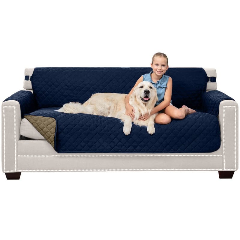 Sofa Shield Couch Slip Cover with Patented Strap Cushion Protector US Designed Reversible Stain and Dog Tear Resistant Slipcover 70 inch Seat Washable Covers for Dogs Pets Navy Sand
