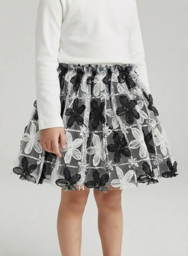 بيبي كلو Girls Black White Floral Sequin Tulle Skirt