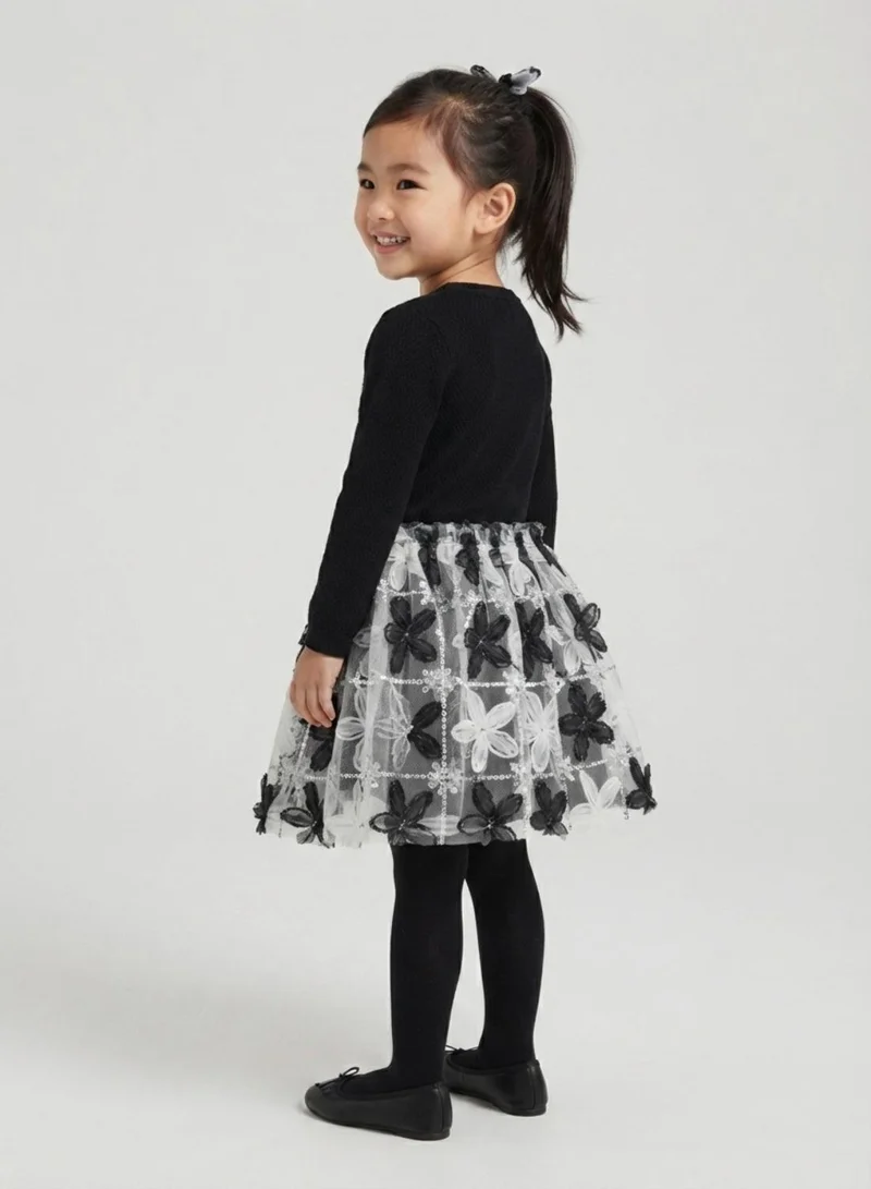 بيبي كلو Girls Black White Floral Sequin Tulle Skirt