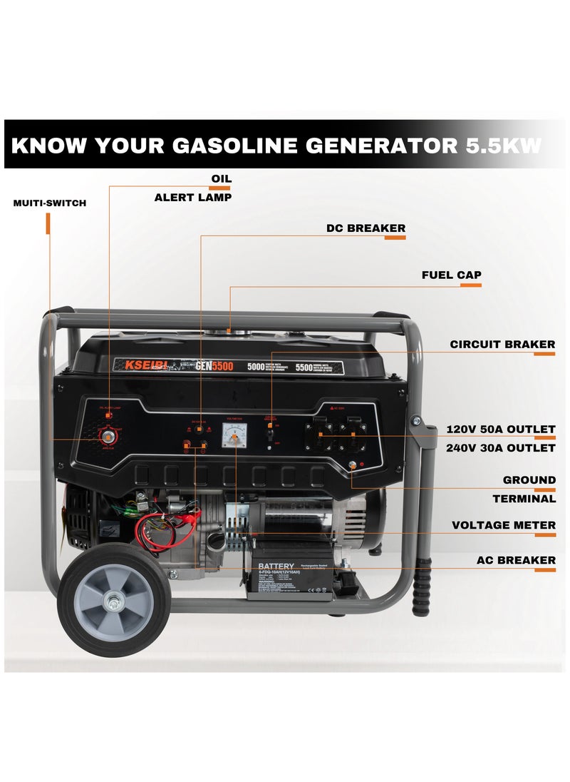 KSEIBI - Gasoline Generator, 5.5KW Fuel Portable Generator with Low Noise, Long Runtime, RV Charging Function, CO Sensor, and Certification for Home and Outdoor Use - Image 1