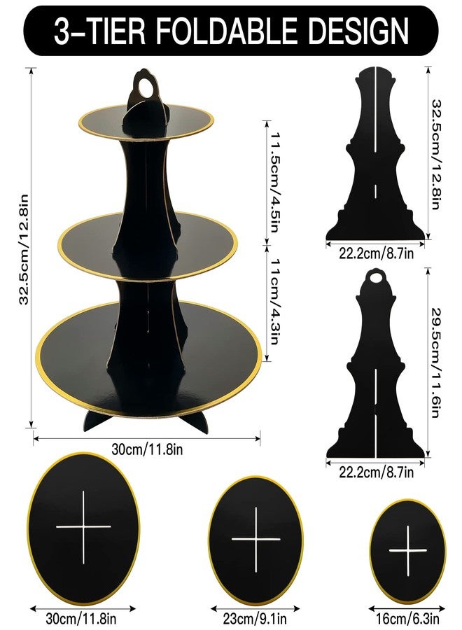 Soleebee 3-Tier Round Cupcake Stand, Cardboard Cupcake Tower, Dessert Cup Cake Stand Tower for Birthday Wedding Party Decoration, Cupcake Tier Stand 2 Set (Black Gold) - Image 2