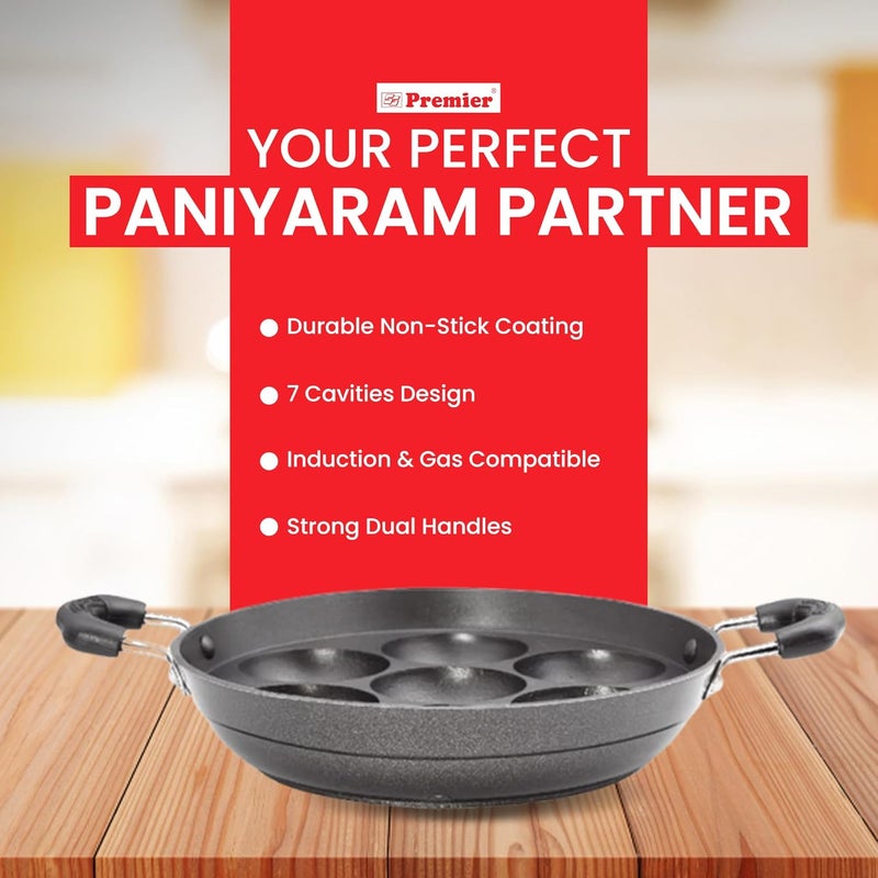 Premier مقلاة بانيارام غير لاصقة بقاعدة تحريض، سوداء، 7 بوصات مع ملعقة وممسحة، مقبض مريح، وملعقة وممسحة مريحة، مثالية للطهي الصحي والتنظيف السهل. - Image 3