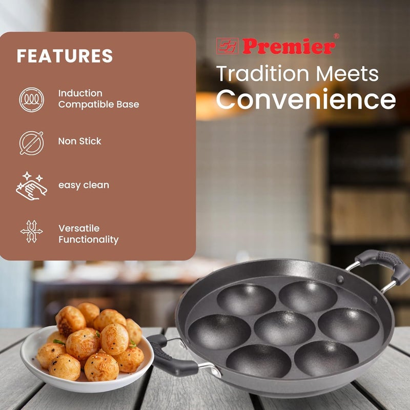 Premier مقلاة بانيارام غير لاصقة بقاعدة تحريض، سوداء، 7 بوصات مع ملعقة وممسحة، مقبض مريح، وملعقة وممسحة مريحة، مثالية للطهي الصحي والتنظيف السهل. - Image 2