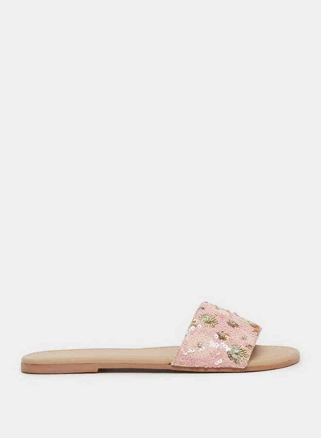 ستايلي صنادل مسطحة مزينة بالترتر