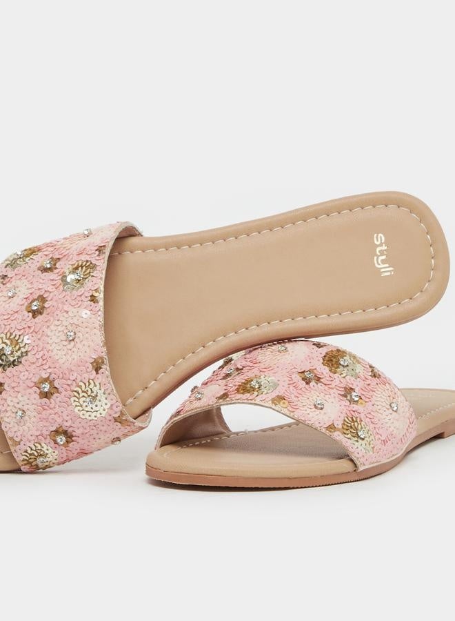Styli Embellished Sequins Flat Sandals - Image 4