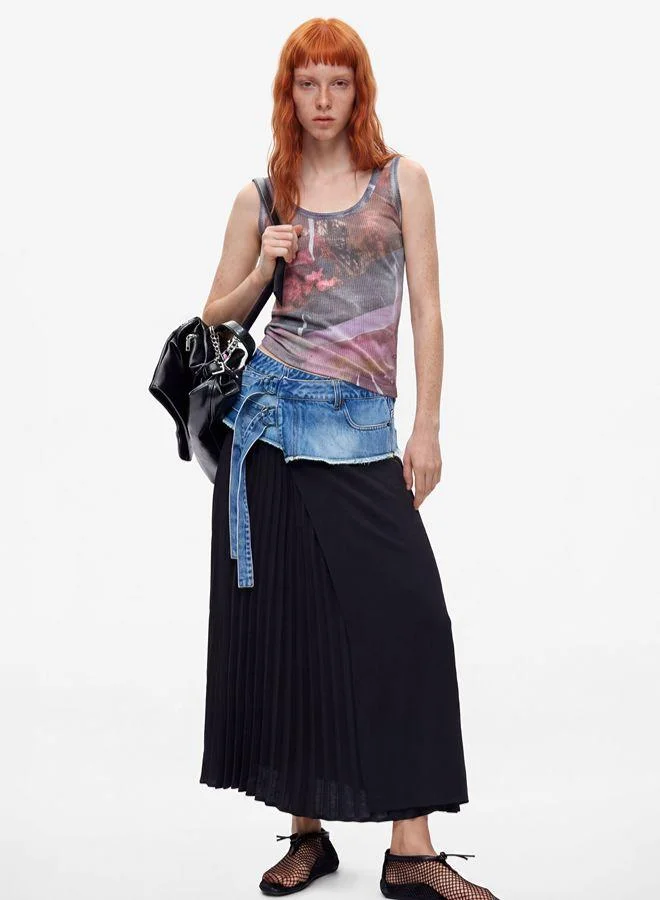 Long pleated denim skirt