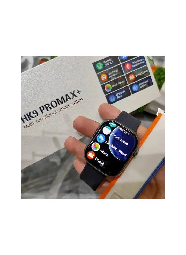 ماركة غير محددة - ساعة Hk 9 برو ماكس بلس لون اسود وع الشاشة: AMOLED حجم الشاشة: 2.12 بوصة دقة الشاشة: 485*520 بكسل بلوتوث: 5.2 المكالمات: يدعم مكالمات و استقبال المكالمات الإشعارات: يدعم الإشعارات من الهاتف قياس ضربات القلب - Image 1